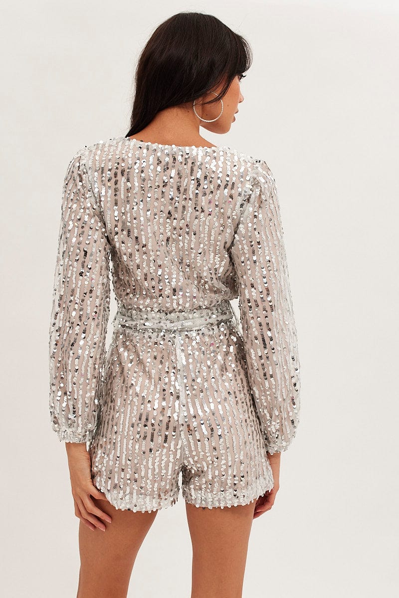 Silver Playsuit Long Sleeve V Neck Party Sequin for Ally Fashion