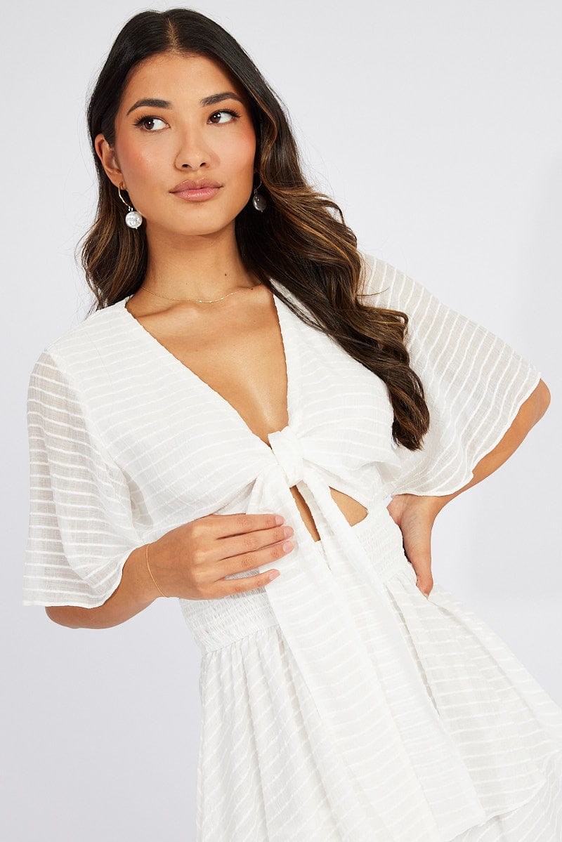 White Tie Front Playsuit Short Sleeve Self Stripe for Ally Fashion