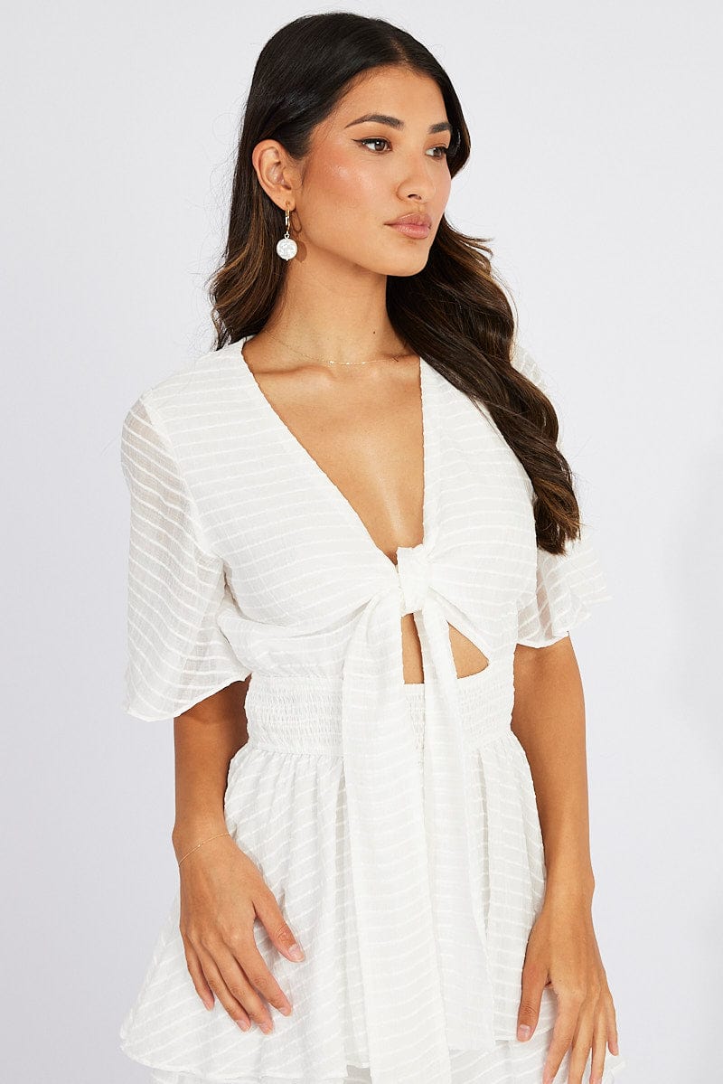 White Tie Front Playsuit Short Sleeve Self Stripe for Ally Fashion