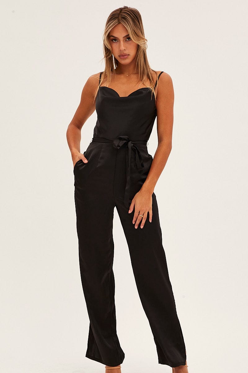 Black Satin Jumpsuit Cowl Neck Belted Waist for Ally Fashion