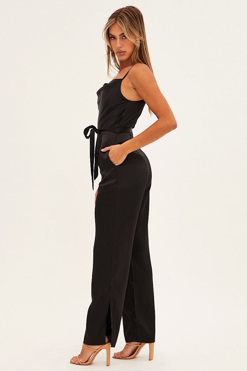 Black Satin Jumpsuit Cowl Neck Belted Waist for Ally Fashion