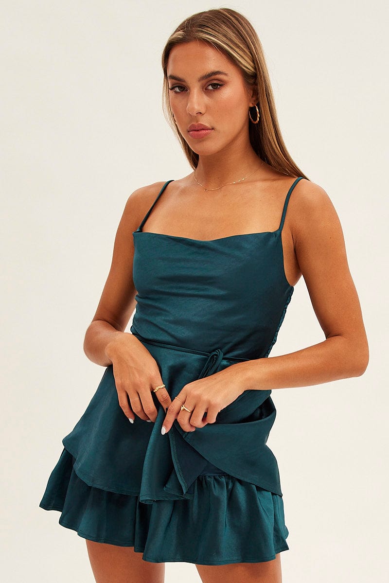 Green Satin Playsuit Sleeveless Cowl Neck for Ally Fashion