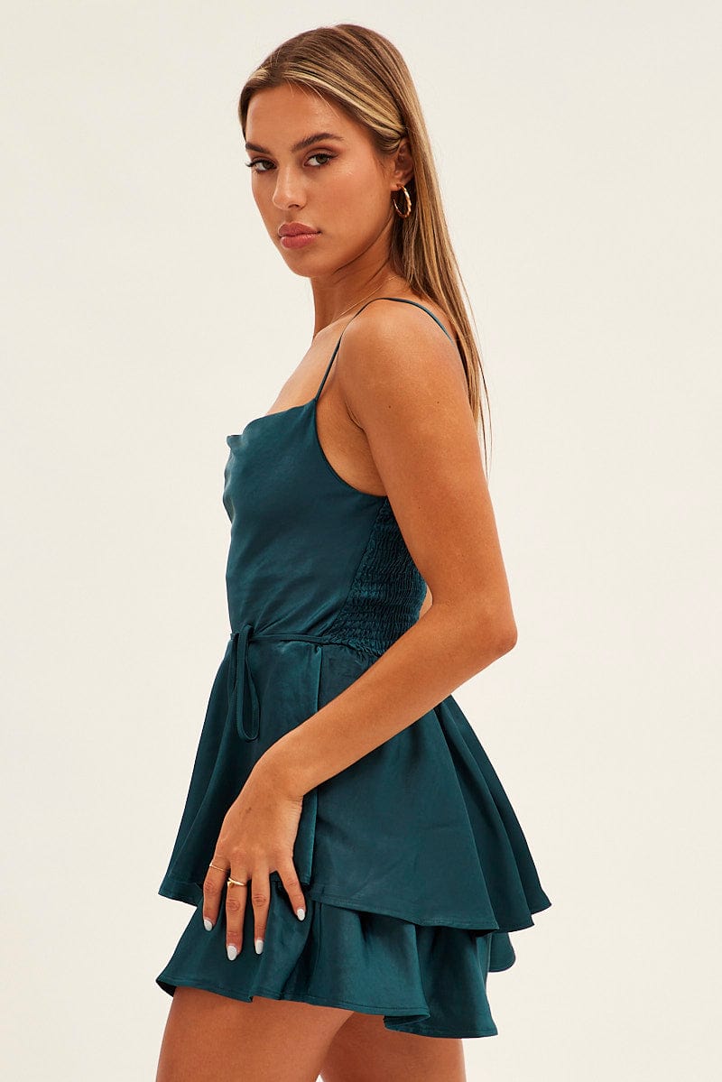 Green Satin Playsuit Sleeveless Cowl Neck for Ally Fashion