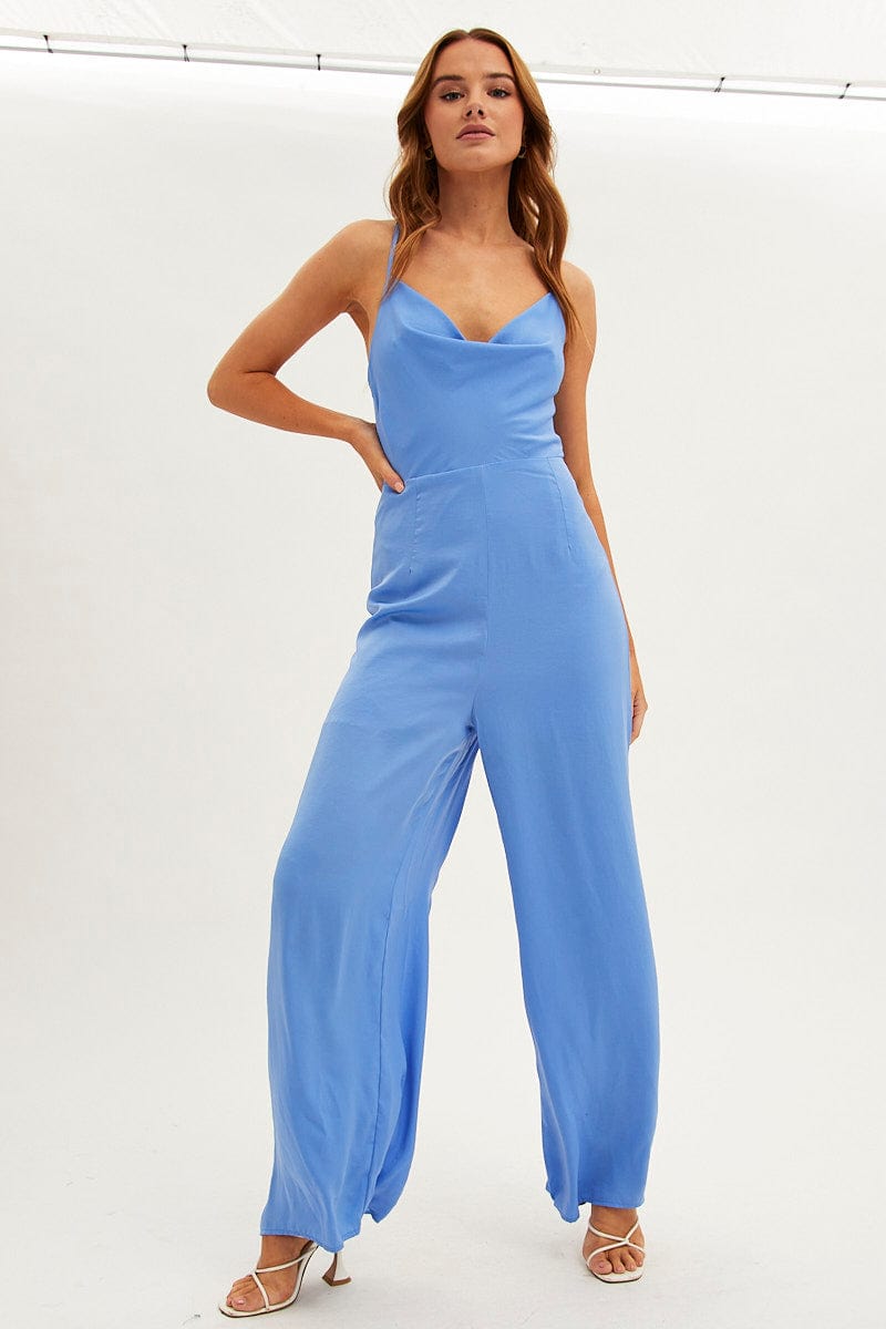 Blue Wide Leg Jumpsuit Sleeveless Cowl Neck Satin for Ally Fashion