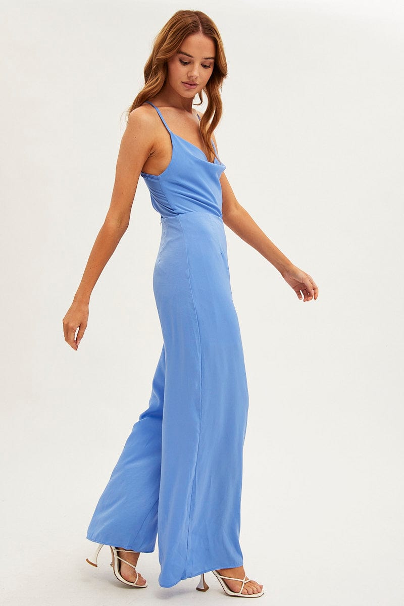 Blue Wide Leg Jumpsuit Sleeveless Cowl Neck Satin for Ally Fashion