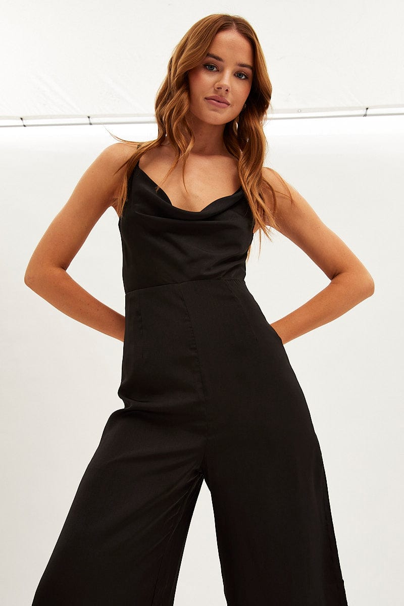 Black Wide Leg Jumpsuit Sleeveless Cowl Neck Satin for Ally Fashion