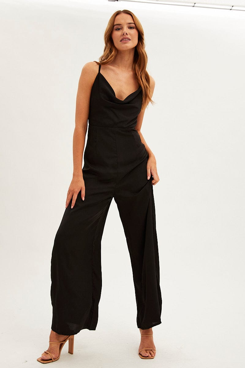 Black Wide Leg Jumpsuit Sleeveless Cowl Neck Satin for Ally Fashion
