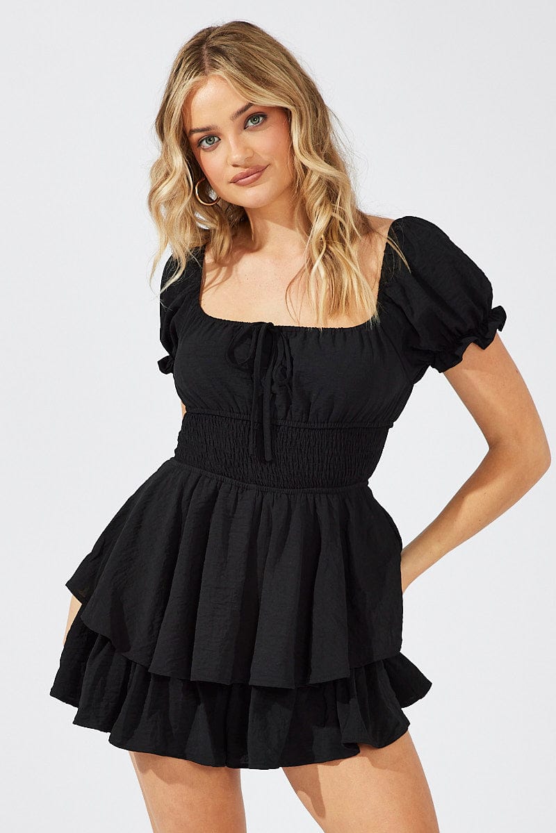 Black Ruffle Playsuit Short Sleeve Ruched Bust for Ally Fashion
