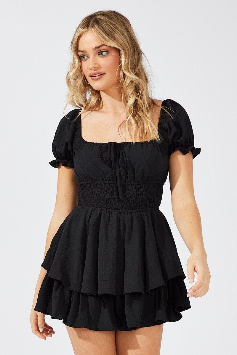 Black Ruffle Playsuit Short Sleeve Ruched Bust for Ally Fashion
