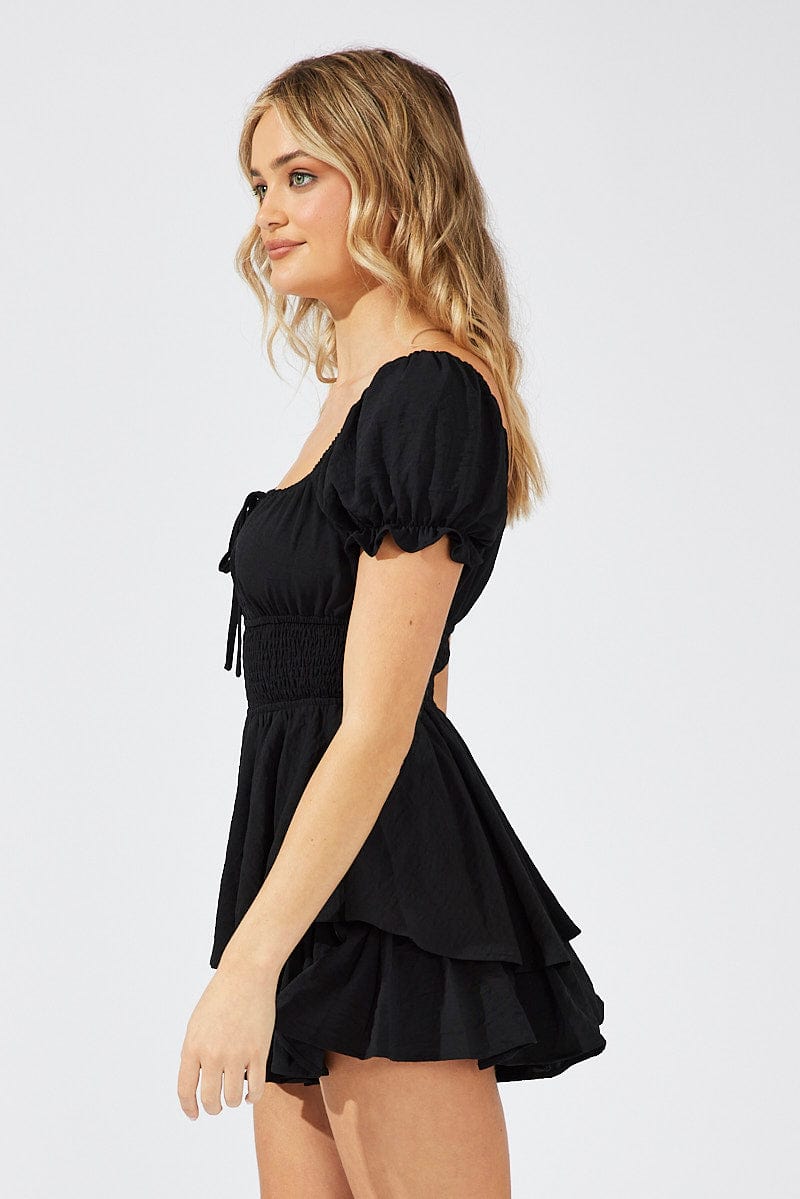 Black Ruffle Playsuit Short Sleeve Ruched Bust for Ally Fashion