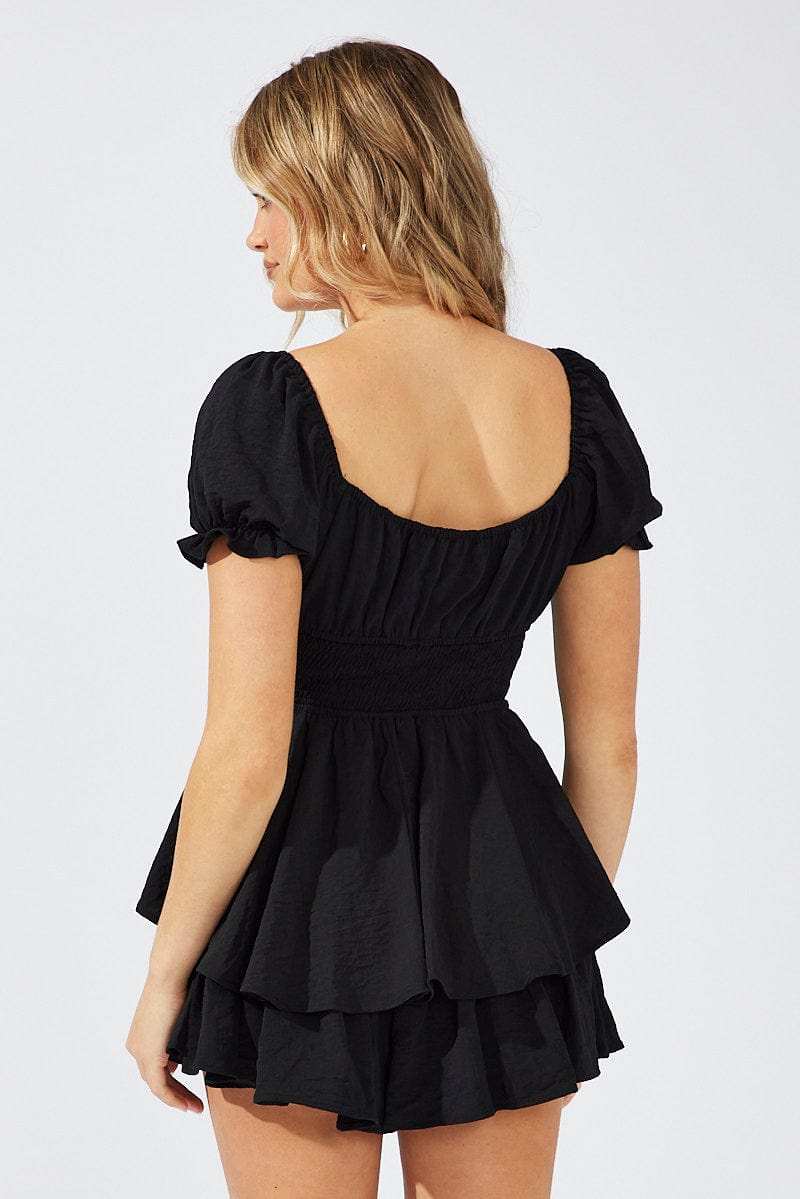 Black Ruffle Playsuit Short Sleeve Ruched Bust for Ally Fashion