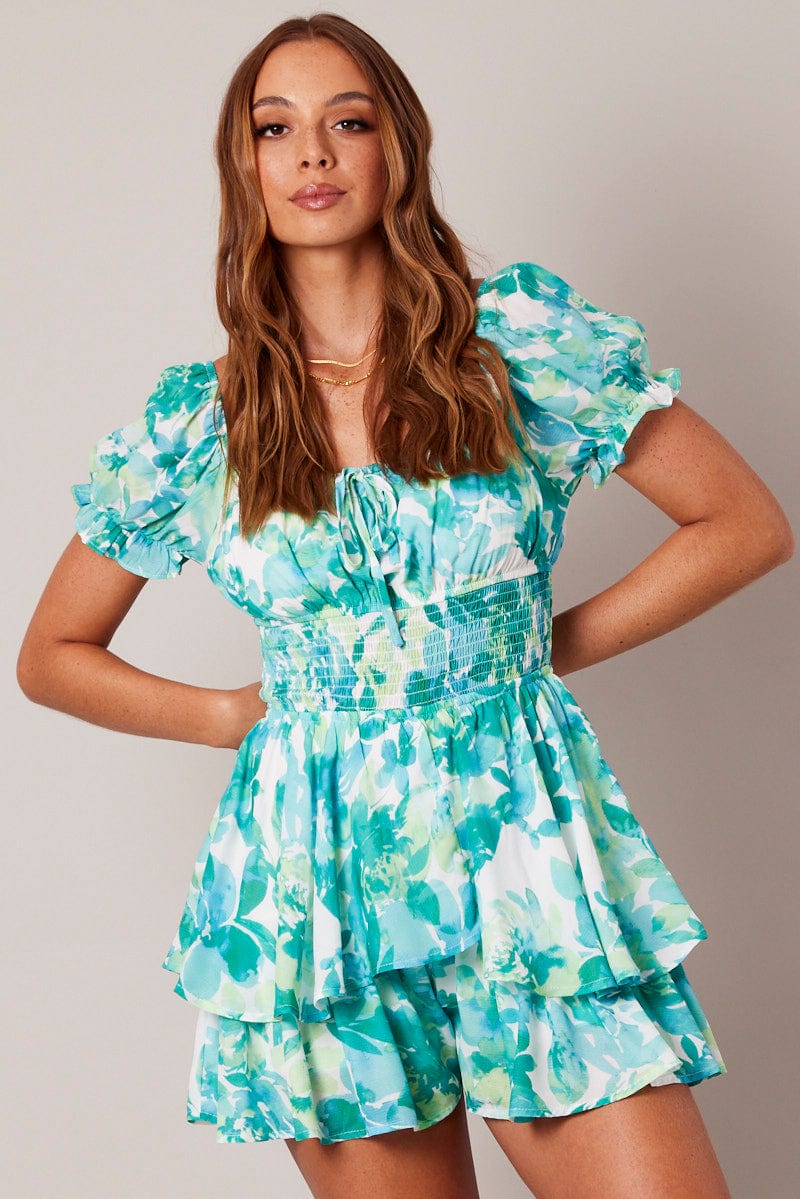 Green Floral Ruffle Playsuit Short Sleeve Ruched Bust for Ally Fashion