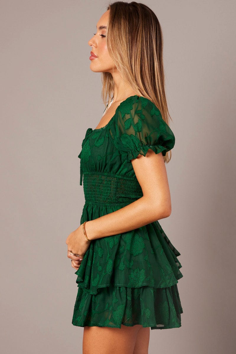 Green Ruffle Playsuit Short Sleeve Ruched Bust for Ally Fashion