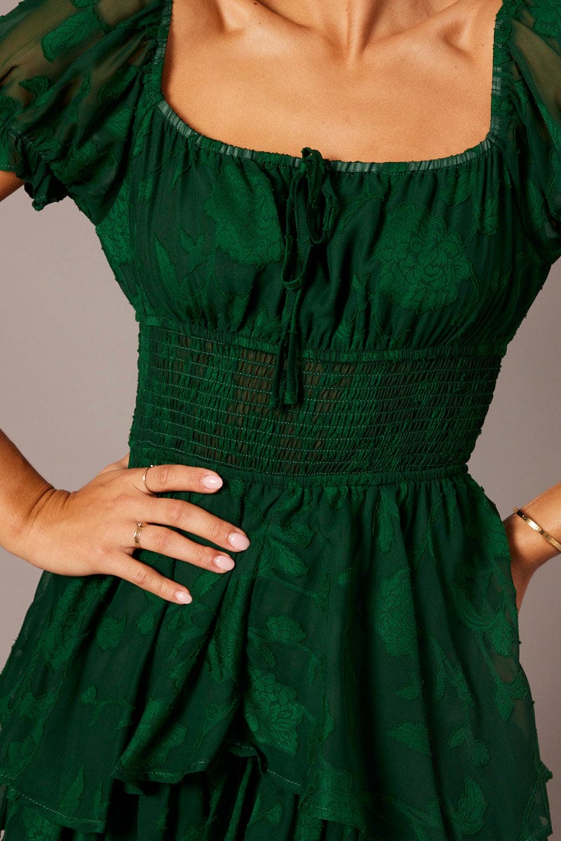 Green Ruffle Playsuit Short Sleeve Ruched Bust for Ally Fashion