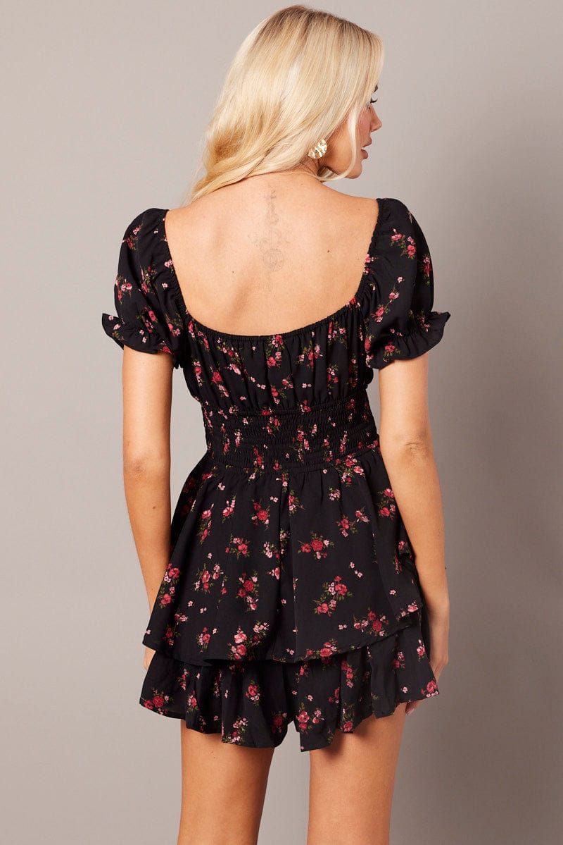 Black Ditsy Playsuit  Short Sleeve for Ally Fashion