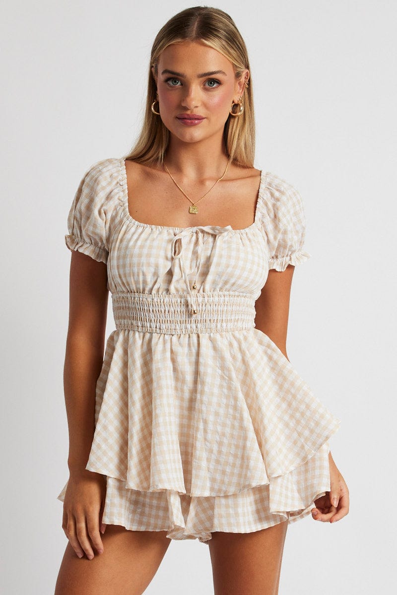 Beige Check Ruffle Playsuit Short Sleeve Ruched Bust for Ally Fashion