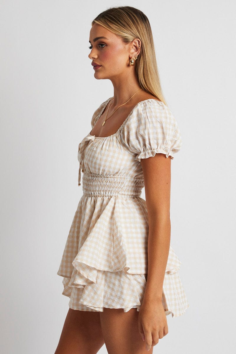 Beige Check Ruffle Playsuit Short Sleeve Ruched Bust for Ally Fashion