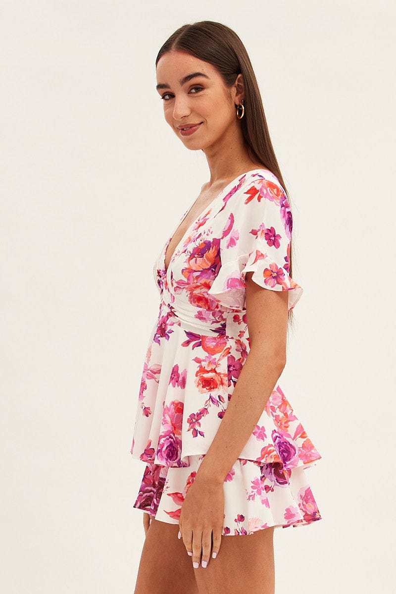 Pink Floral Fit And Flare Playsuit Sleeveless for Ally Fashion