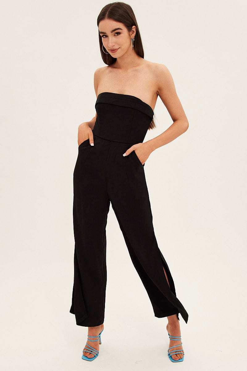 Black Strapless Jumpsuit Side Split | Ally Fashion