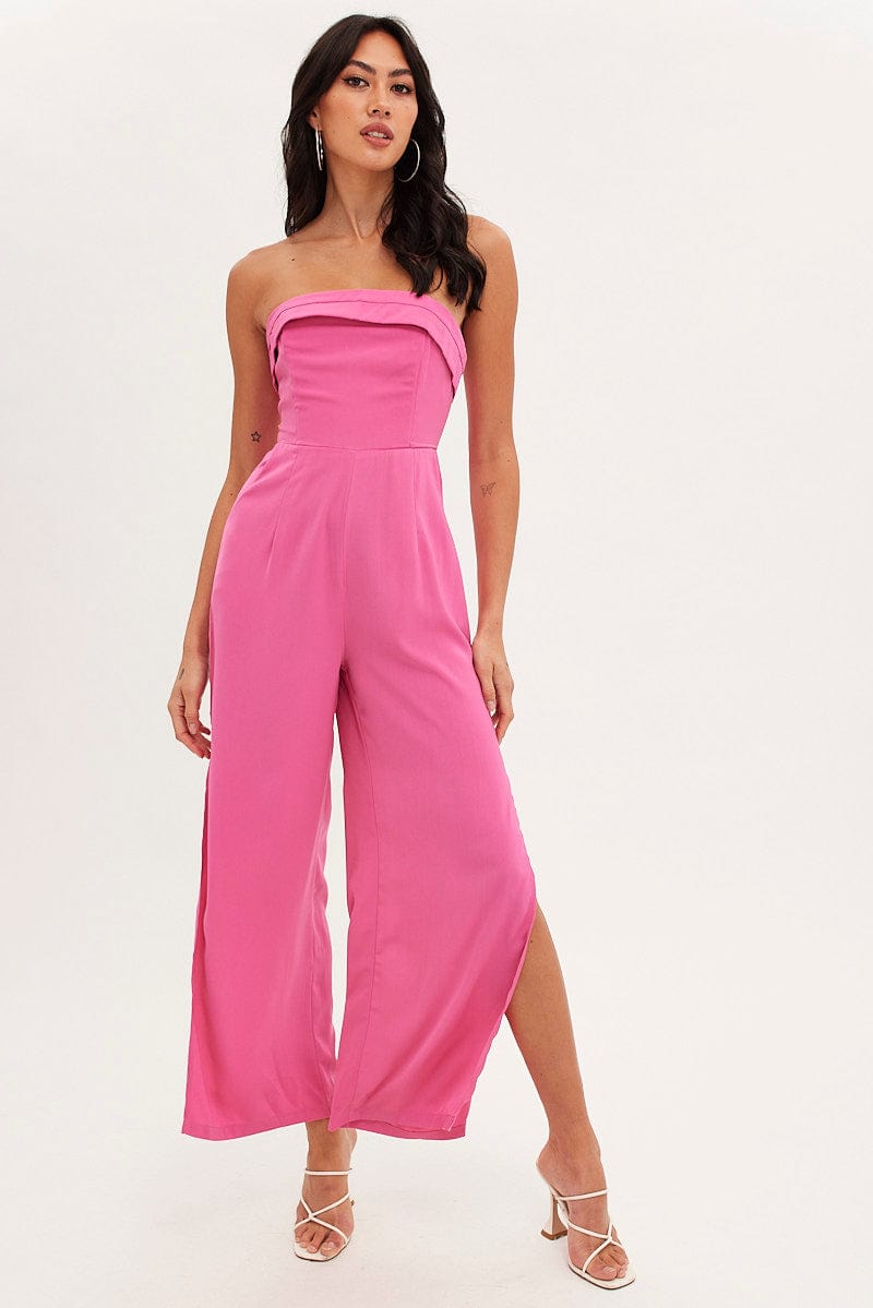 Pink Strapless Jumpsuit Side Split for Ally Fashion