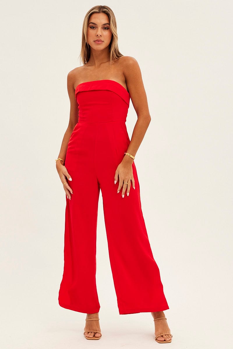 Red Strapless Jumpsuit Side Split | Ally Fashion