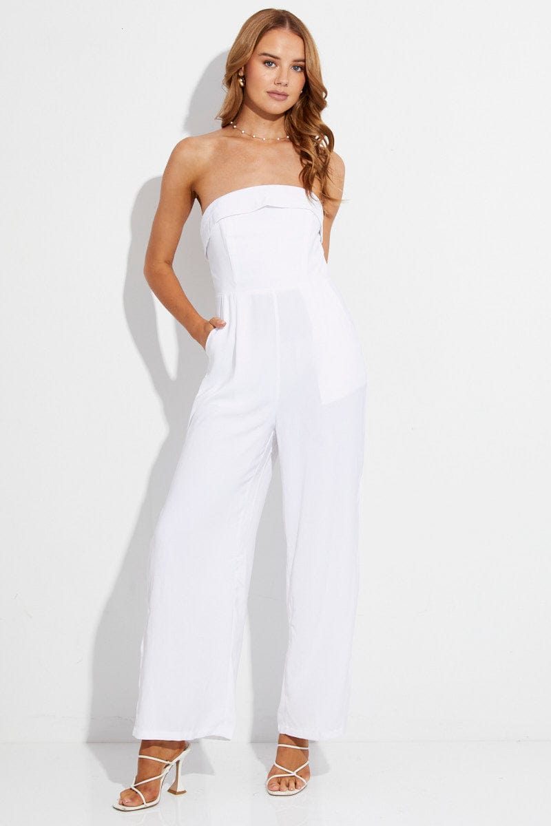White Strapless Jumpsuit Side Split for Ally Fashion