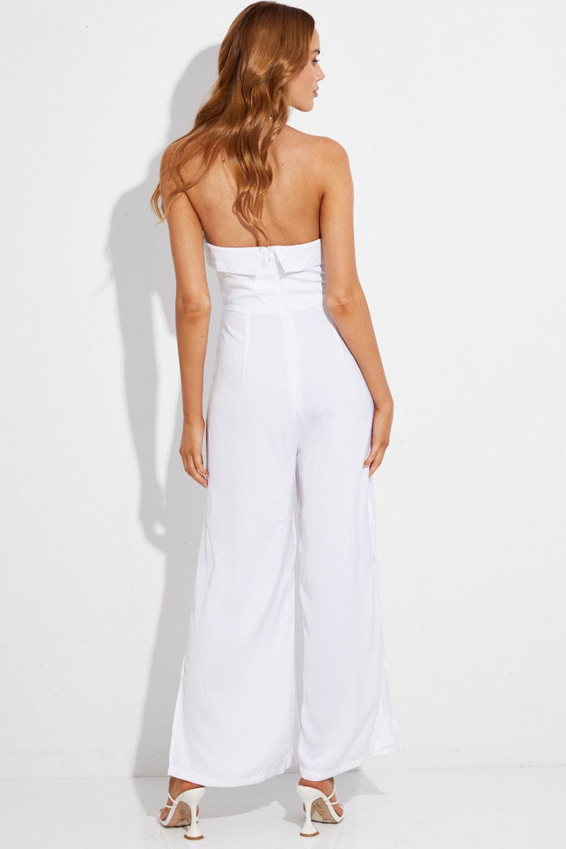 White Strapless Jumpsuit Side Split for Ally Fashion