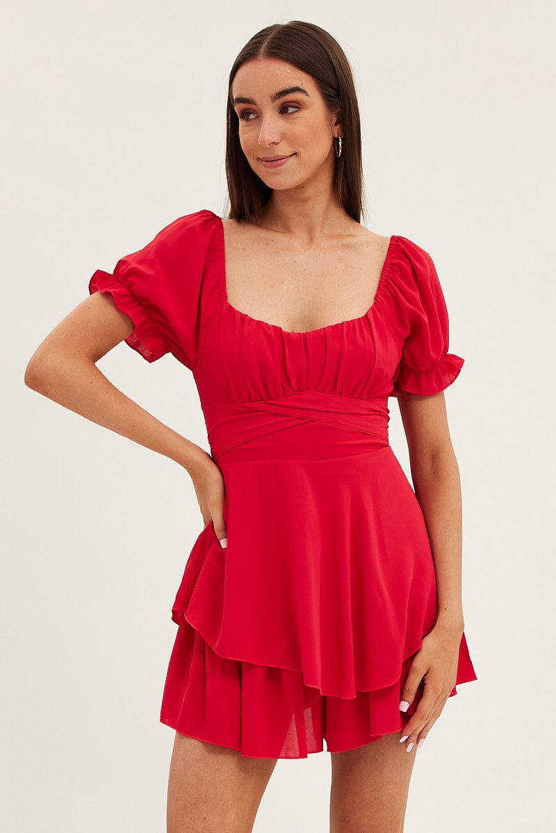 Red Playsuit Short Sleeve V Neck Tie Waist for Ally Fashion