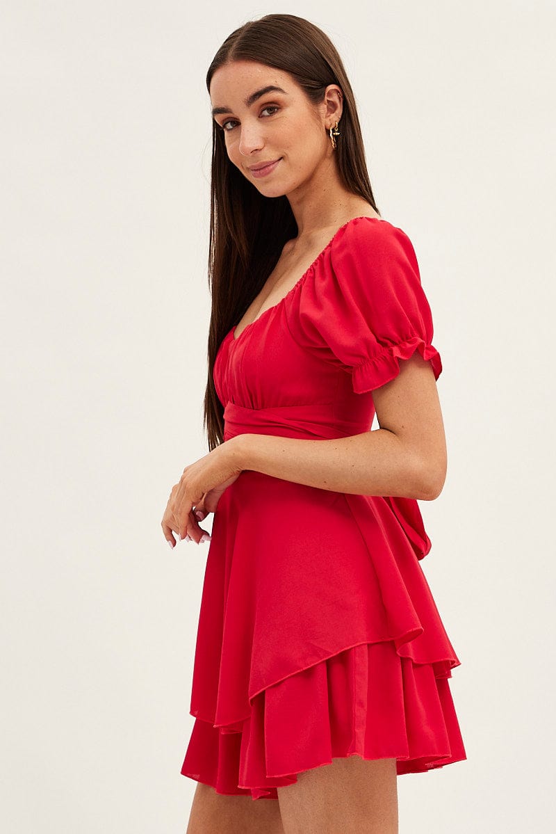 Red Playsuit Short Sleeve V Neck Tie Waist for Ally Fashion