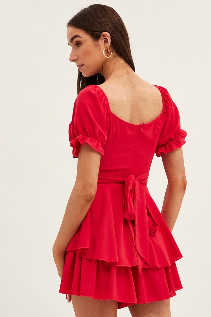 Red Playsuit Short Sleeve V Neck Tie Waist for Ally Fashion