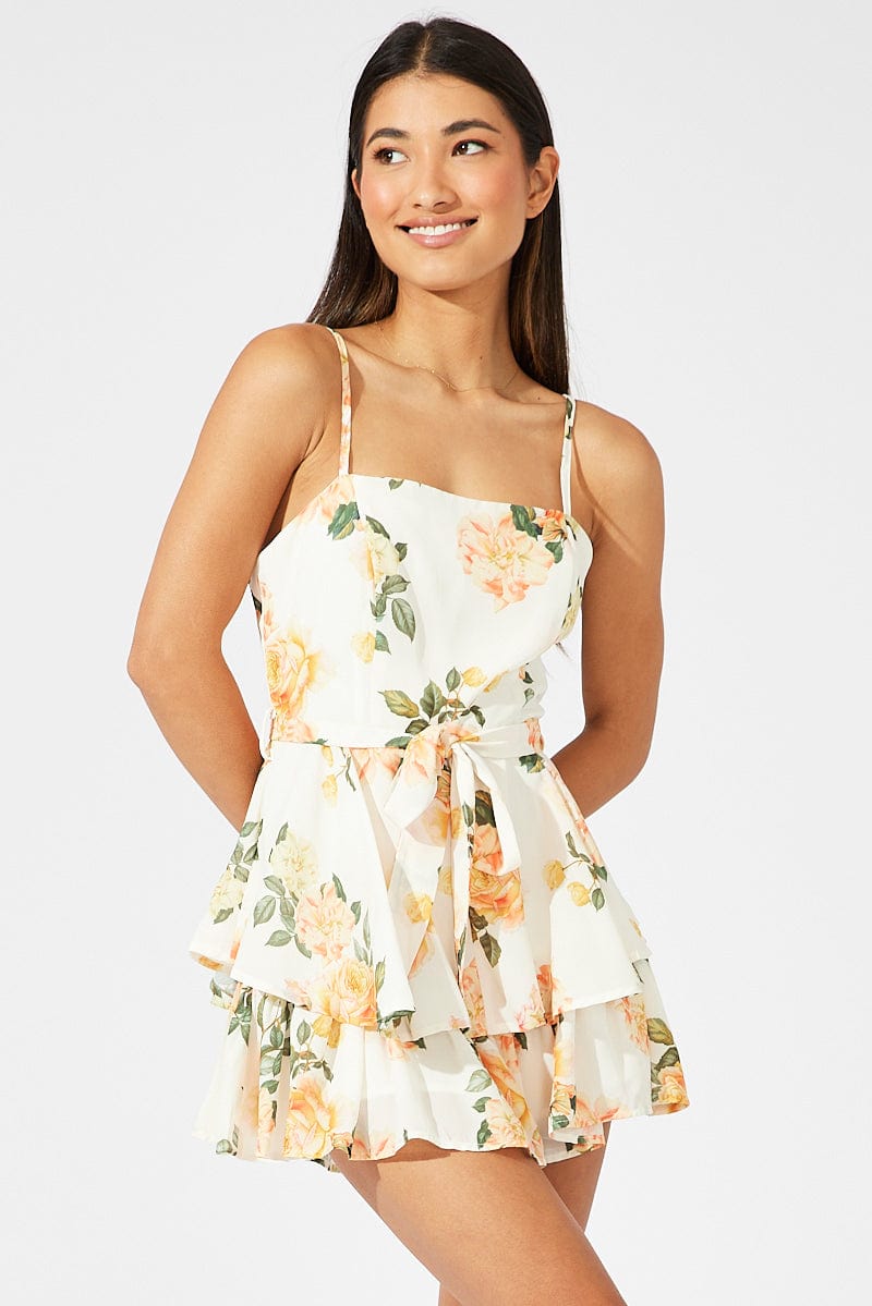 Yellow Floral Playsuit Square Neck Double Layered for Ally Fashion