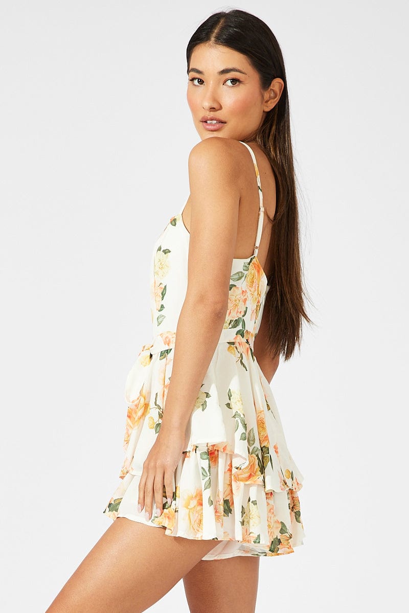 Yellow Floral Playsuit Square Neck Double Layered for Ally Fashion