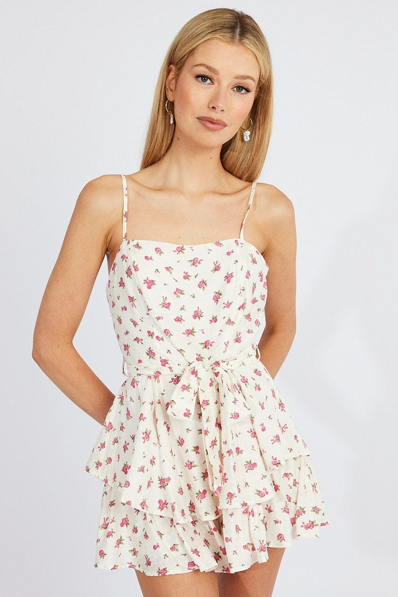 White Floral Fit And Flare Playsuit Square Neck for Ally Fashion