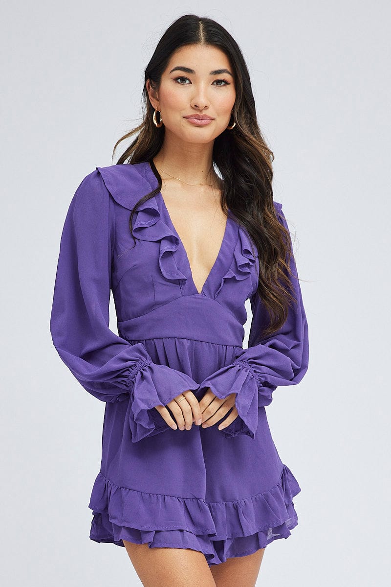 Purple Playsuit Long Sleeve V Neck Frill Poly Chiffon for Ally Fashion