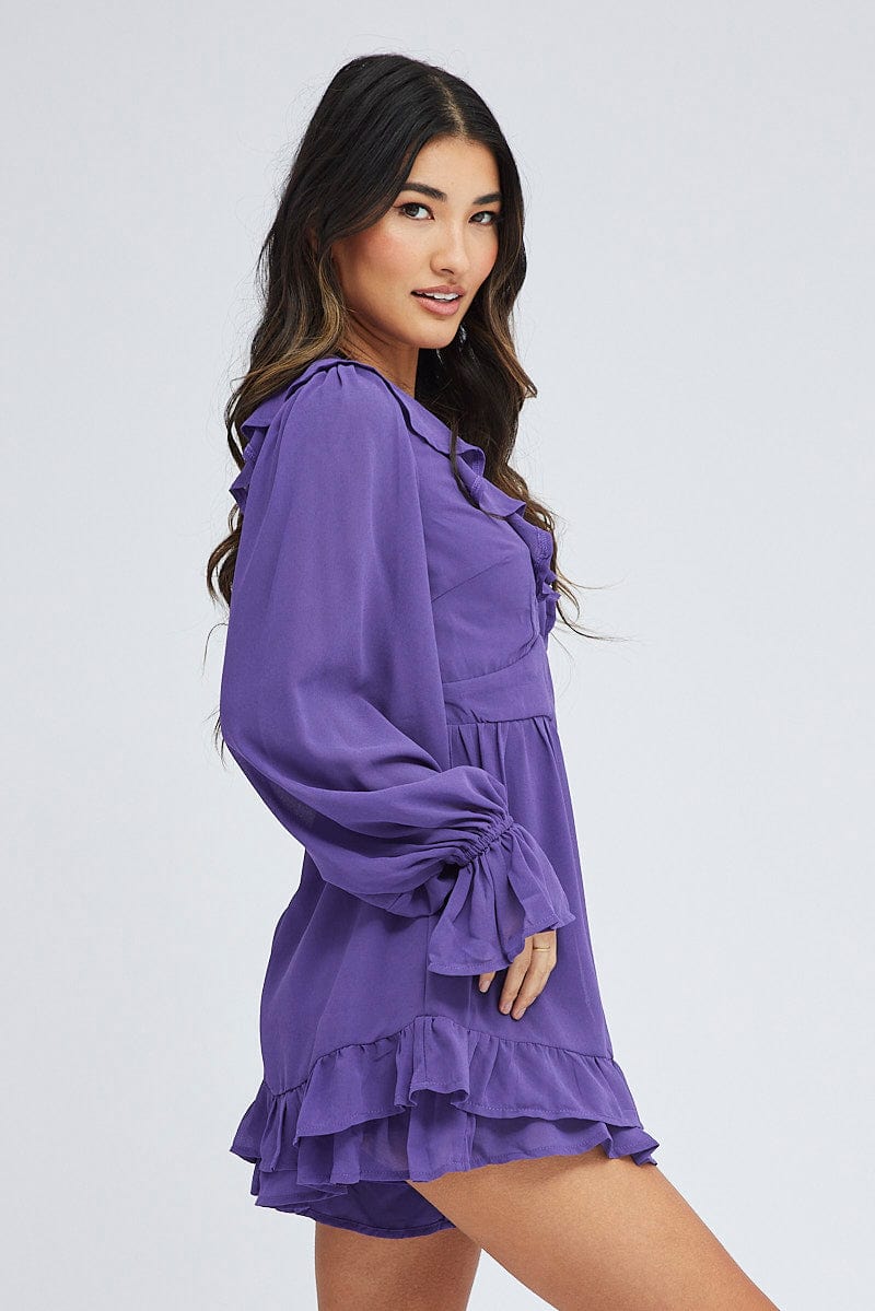 Purple Playsuit Long Sleeve V Neck Frill Poly Chiffon for Ally Fashion