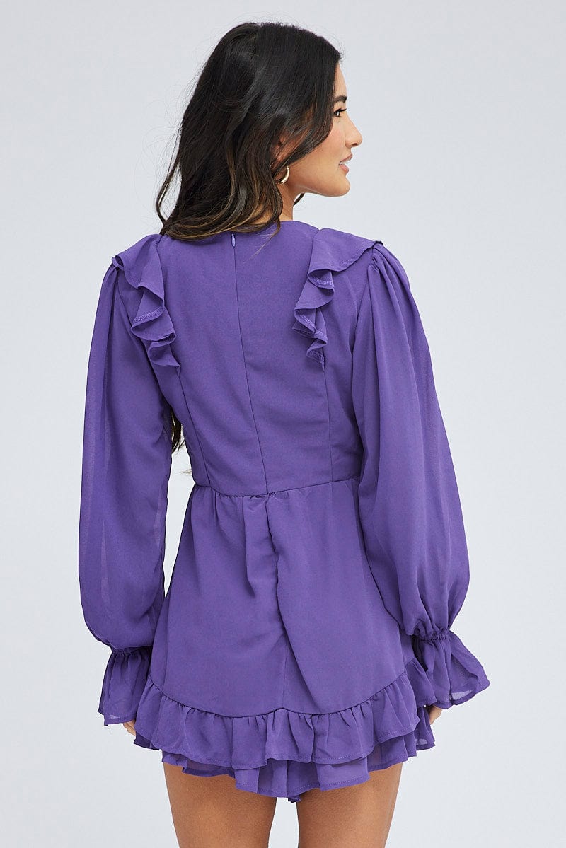 Purple Playsuit Long Sleeve V Neck Frill Poly Chiffon for Ally Fashion