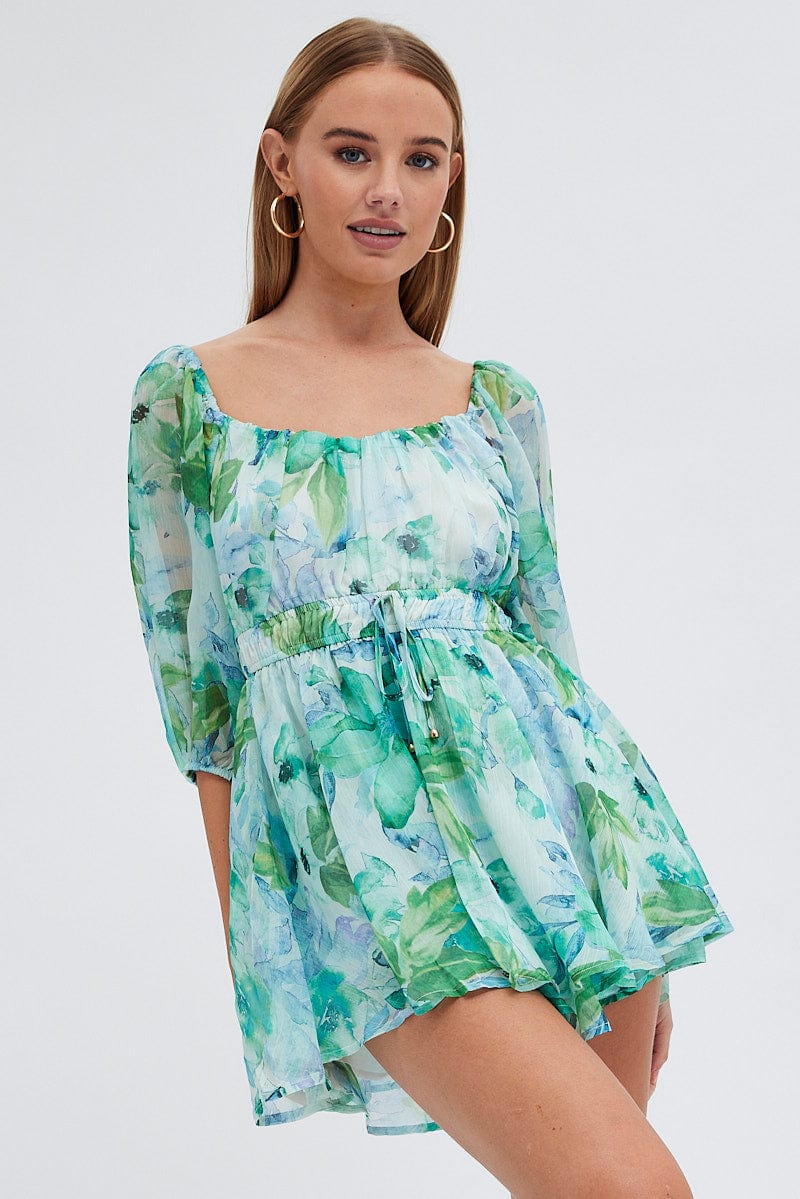 Green Floral Playsuit Short Sleeve Floral Print Chiffon for Ally Fashion