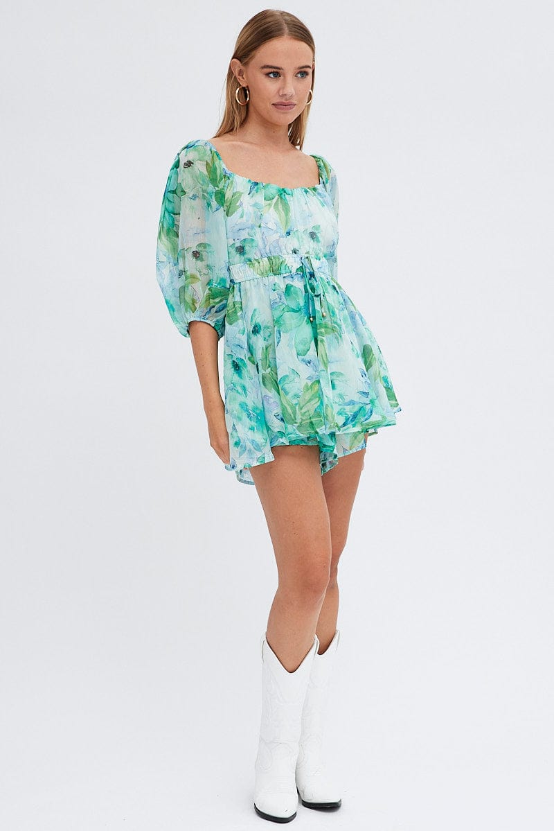 Green Floral Playsuit Short Sleeve Floral Print Chiffon Ally Fashion