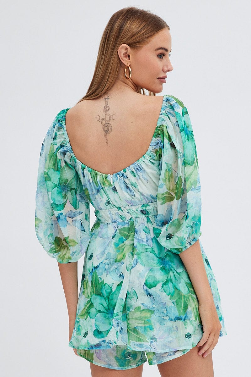 Green Floral Playsuit Short Sleeve Floral Print Chiffon for Ally Fashion