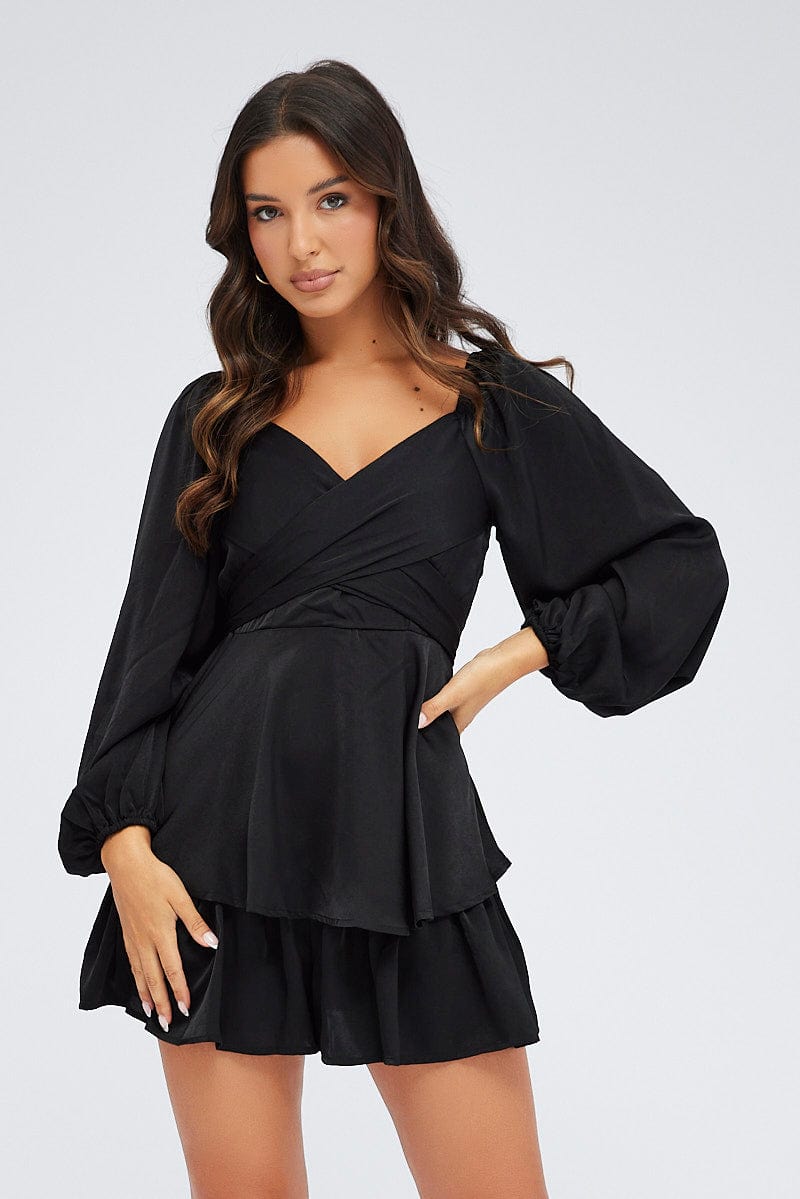 Black Playsuit Long Sleeve V-Neck Waist Tie Matte Satin for Ally Fashion