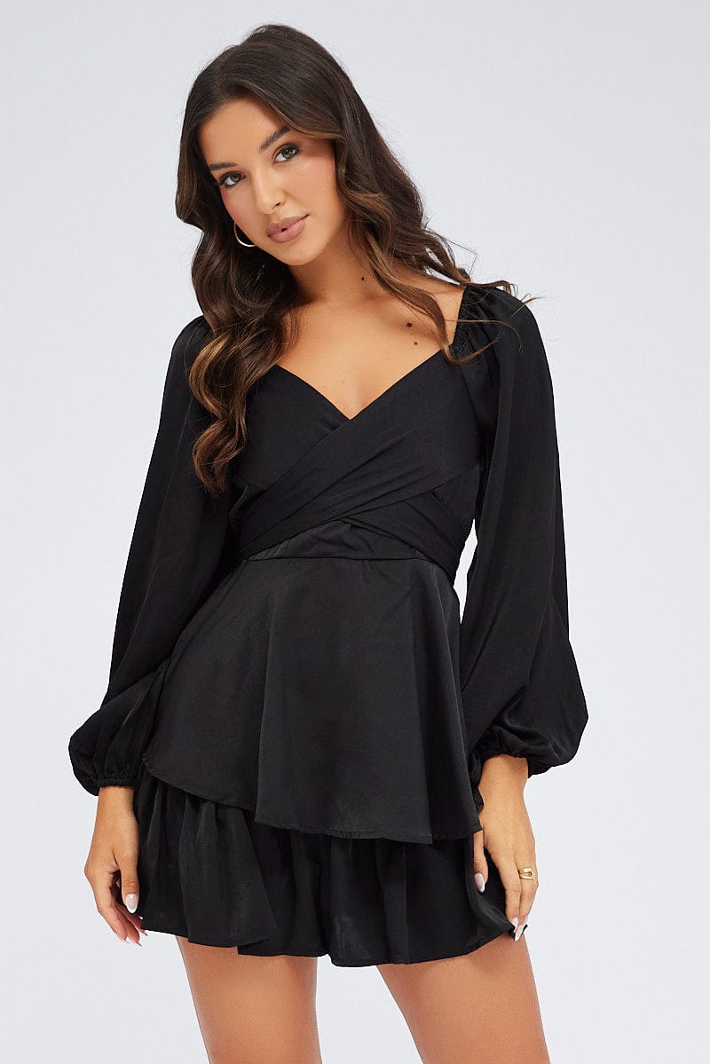 Black Playsuit Long Sleeve V-Neck Waist Tie Matte Satin for Ally Fashion