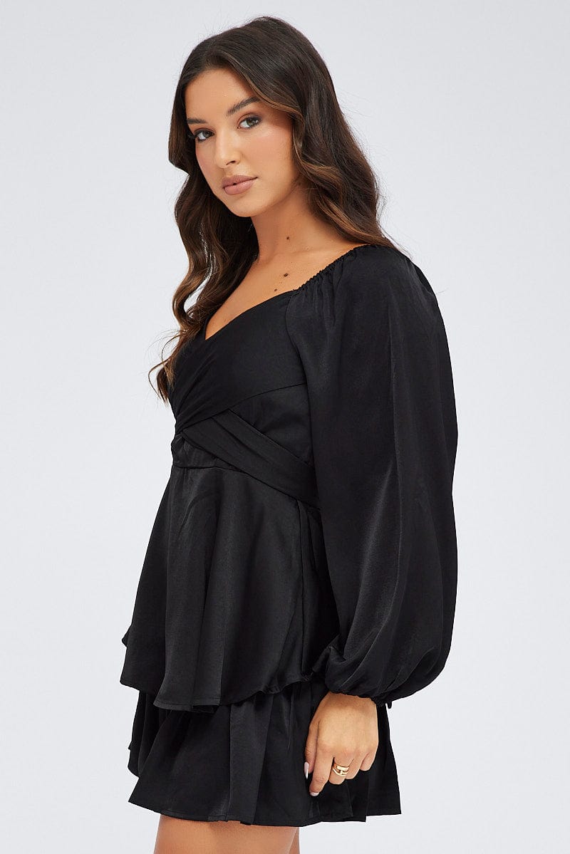 Black Playsuit Long Sleeve V-Neck Waist Tie Matte Satin for Ally Fashion