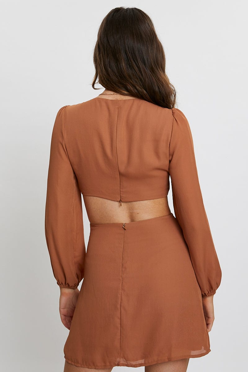 F A LINE DRESS Camel Cut Out Ring Detail A-Line Dress for Women by Ally