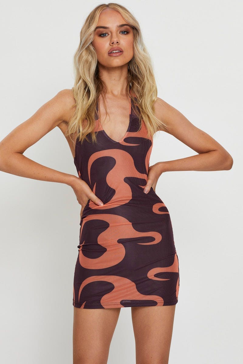 F BODYCON DRESS Abstract Print Mini Dress Halter Neck for Women by Ally