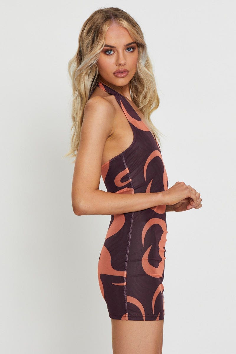 F BODYCON DRESS Abstract Print Mini Dress Halter Neck for Women by Ally