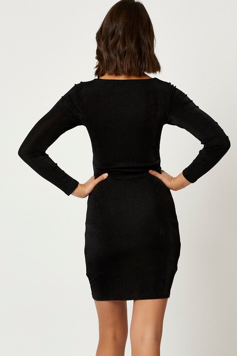 F BODYCON DRESS Black Slinky Jersey Twist Front Dress for Women by Ally