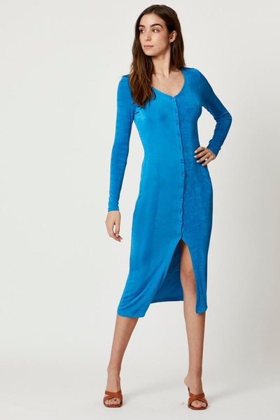 long sleeve slinky midi dress Women's Blue Button Front Slinky Midi Dress
