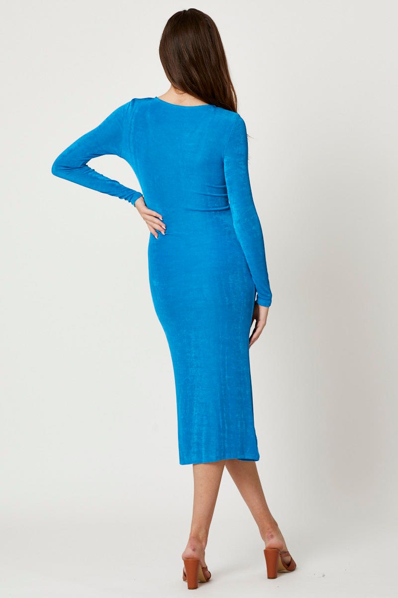 F BODYCON DRESS Blue Button Front Slinky Midi Dress for Women by Ally