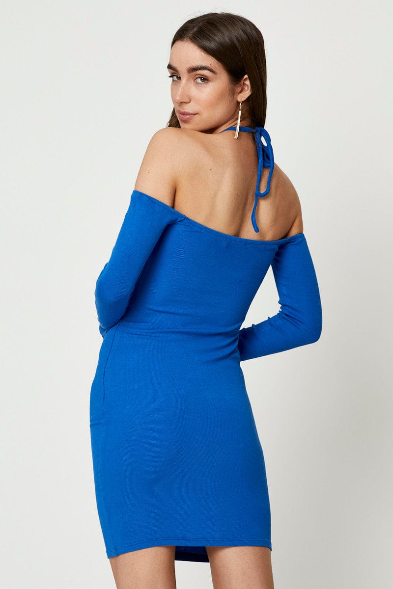 F BODYCON DRESS Blue Cold Shoulder Bodycon Dress for Women by Ally