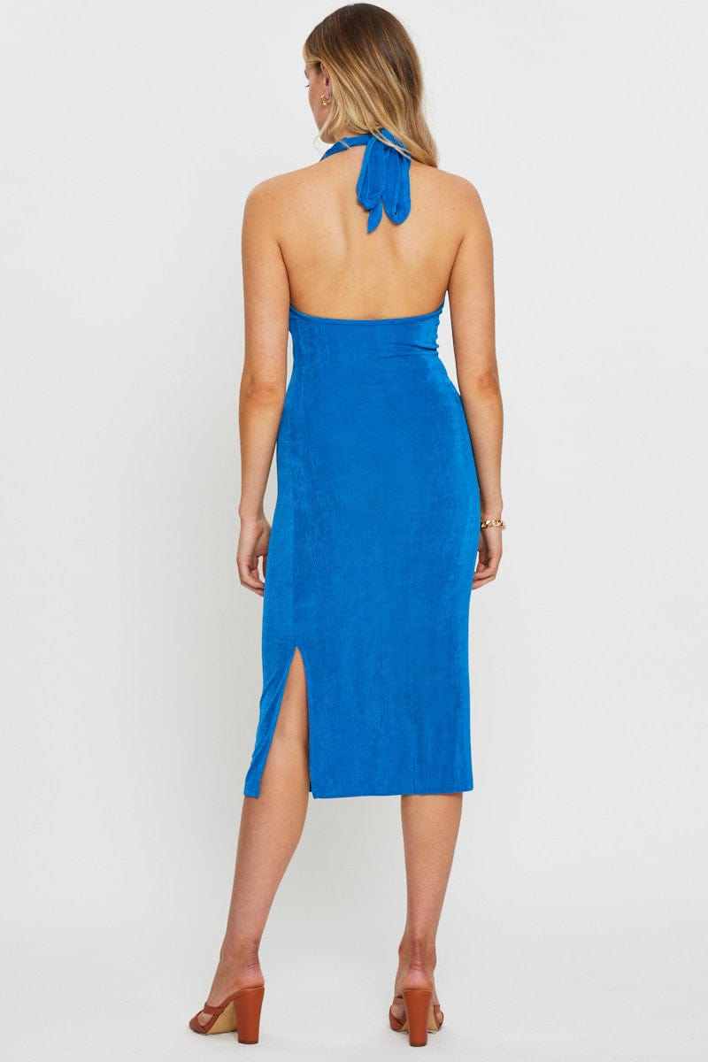 F BODYCON DRESS Blue Midi Dress Halter Neck for Women by Ally